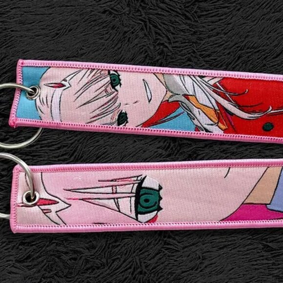 Cute Anime Girl Embroidery Keychain, pink kawaii Key Fobs Anime Key Tag - Picture 2 of 3